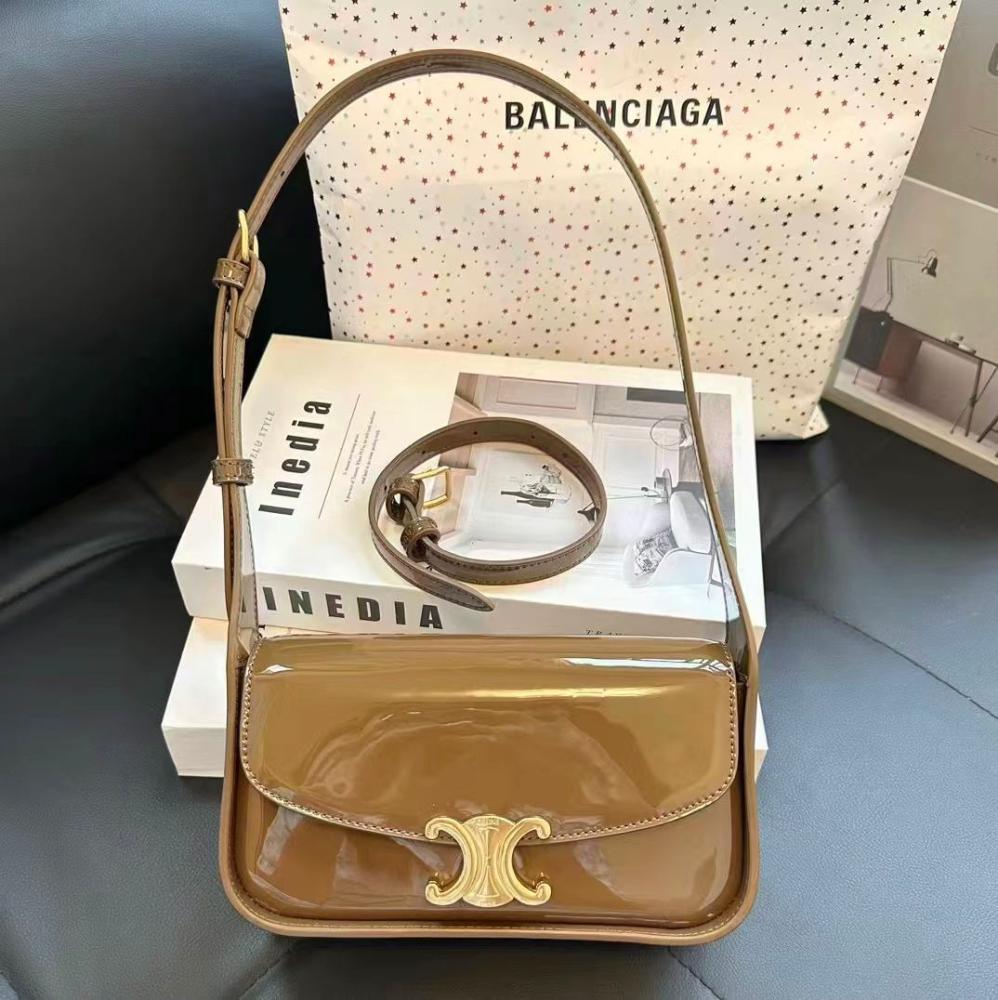 Celine patent leather bag with gold logo in light brown