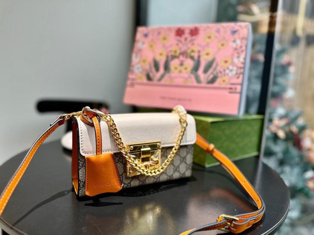 Gucci Padlock GG Small Bag in Brown and White with Orange
