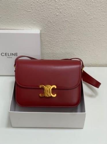 Celine Triomphe red luxury bag with flap and shoulder strap