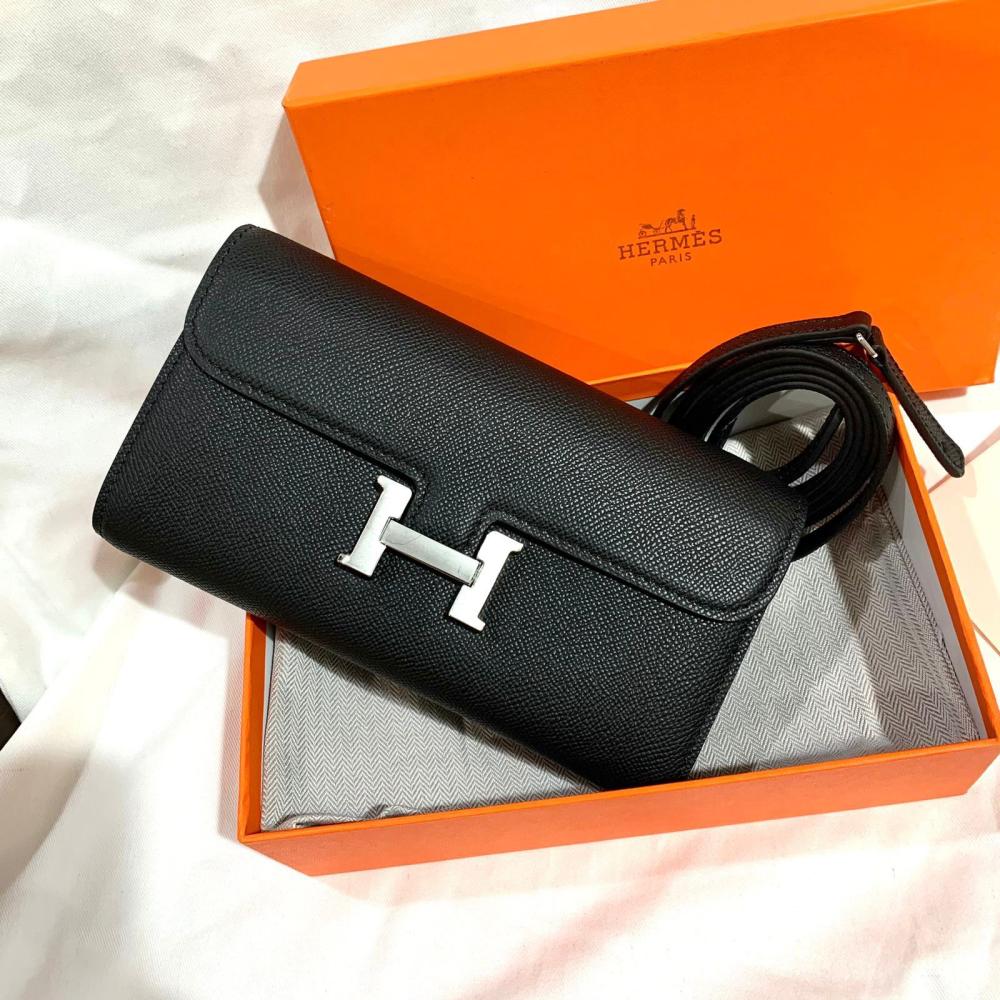 Hermes Black Flap Clutch with Silver Logo Shoulder Strap