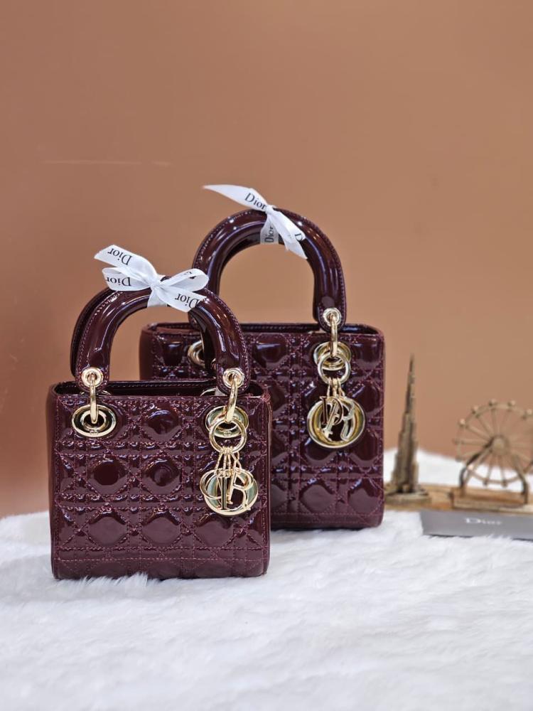 Lady Dior women's handbags, shiny leather, burgundy color