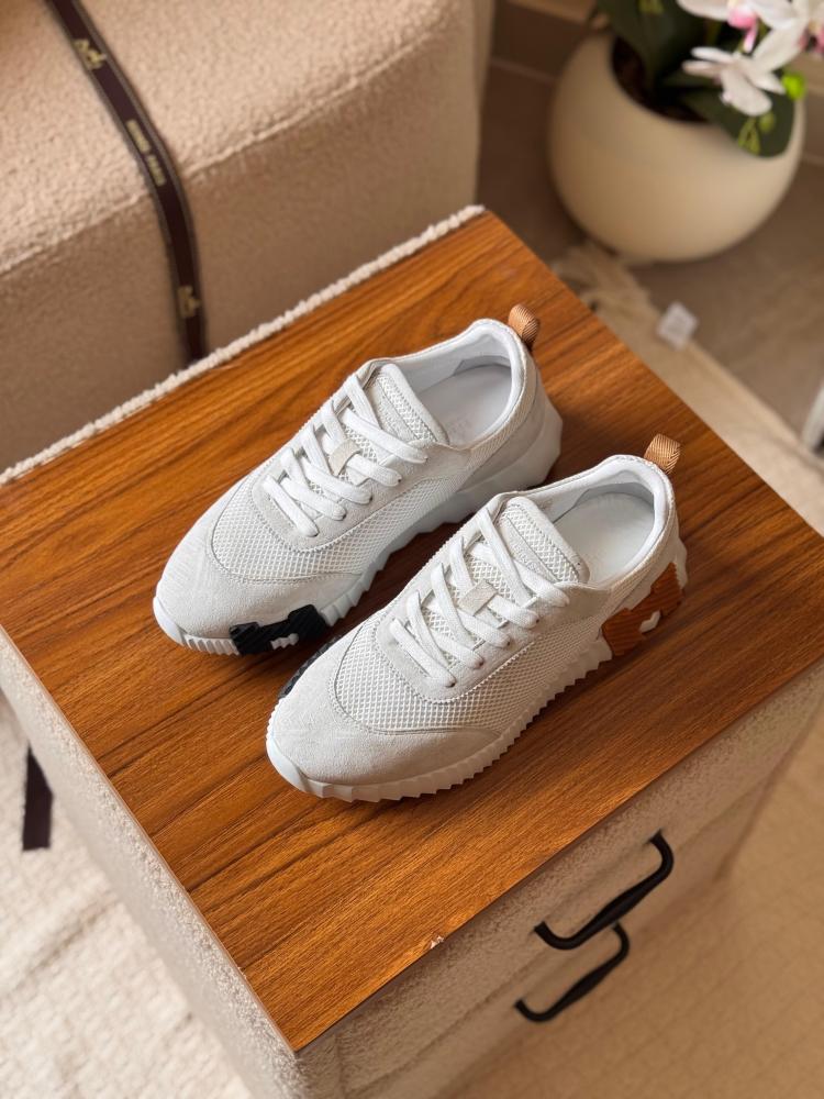 Hermes Bouncing Men's Mesh Shoes in White with Black and Brown Logo