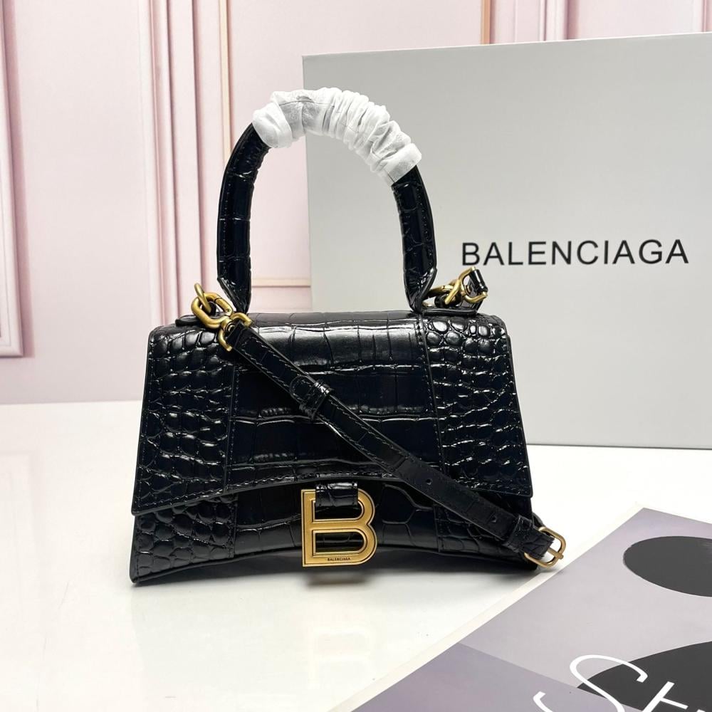 Balenciaga Hourglass Croco Handbag in Black Leather with Gold