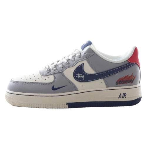 Nike Air Force 1 x Stussy shoes, grey and white with a touch of