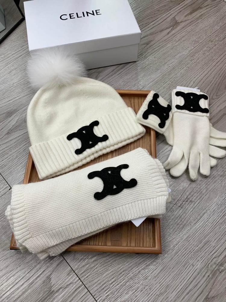 Celine Scarf Set Hat and Scarf with Gloves White - E-SEVEN STORE
