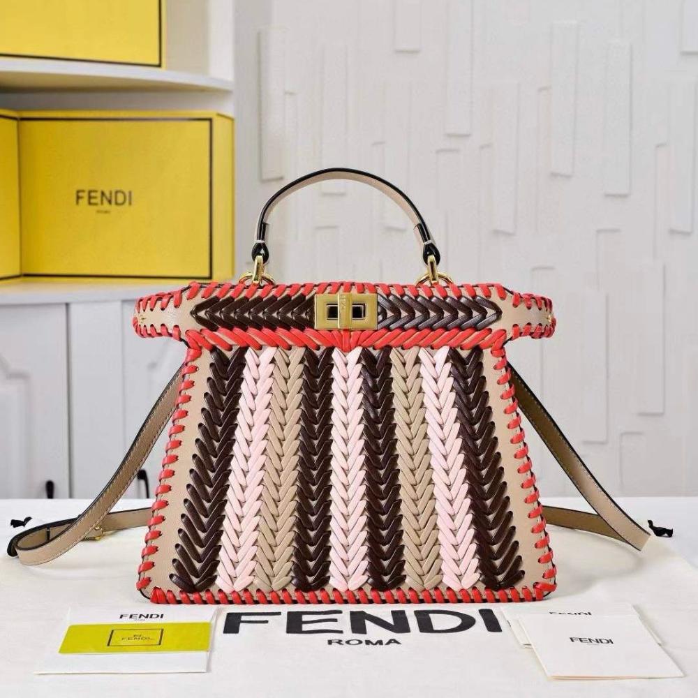 Fendi Peekaboo ECU 27cm Woven Leather Bag Orange Black Beige E