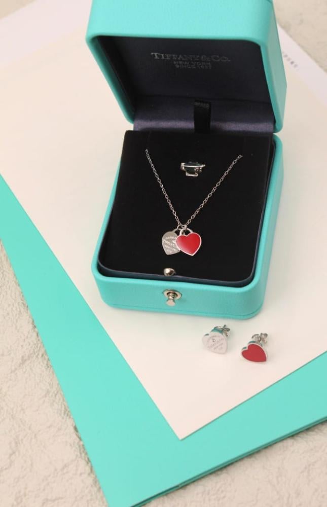 Tiffany Red Silver Heart Earrings and Necklace Women's