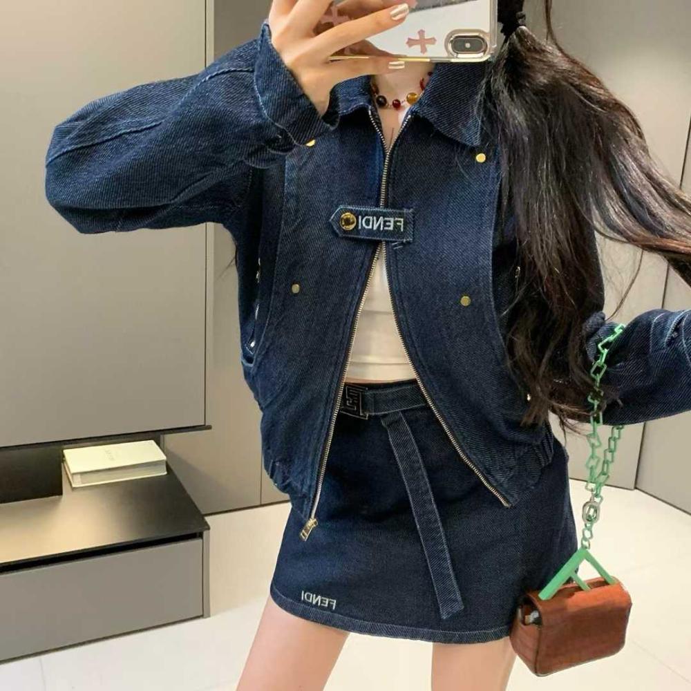 ジャケット FENDI Denim Mini Skirt Fendi Casual Women's Denim Short Skirt with Jacket in Dark