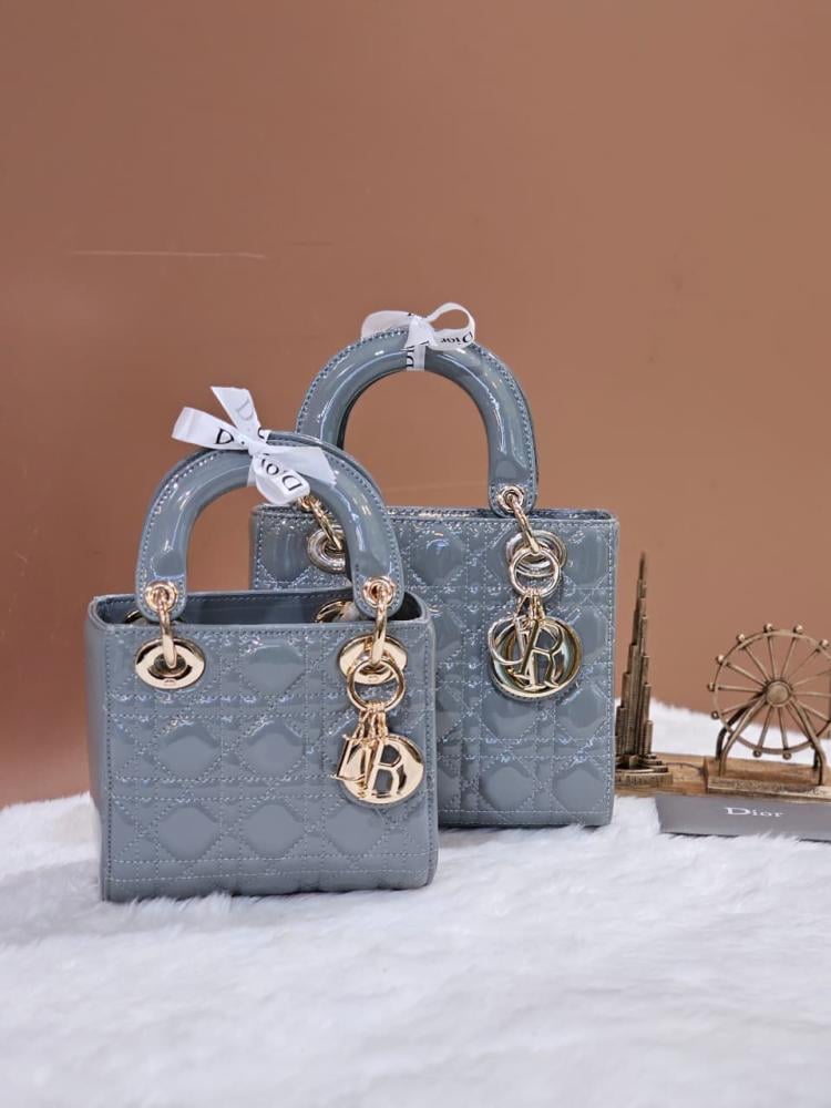 Lady Dior Shiny Leather Bags in Grey with Gold Metallic