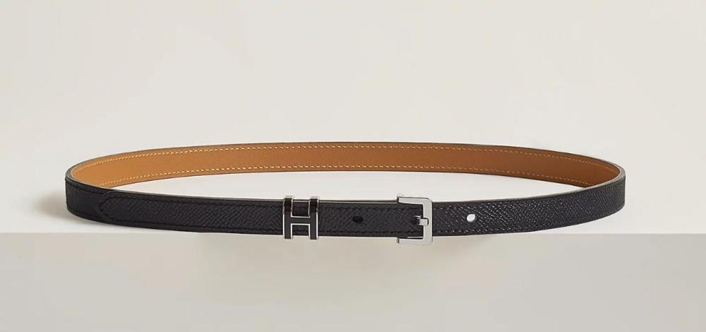 Hermes Women's Slim Leather Belt with Brand Logo in Black with Silver