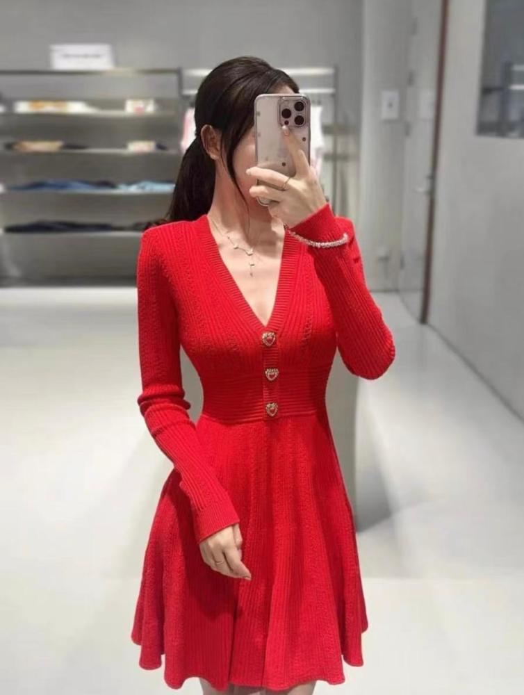 Sandro Dress Elegant Short V-Neck Red Long Sleeve Dress - E