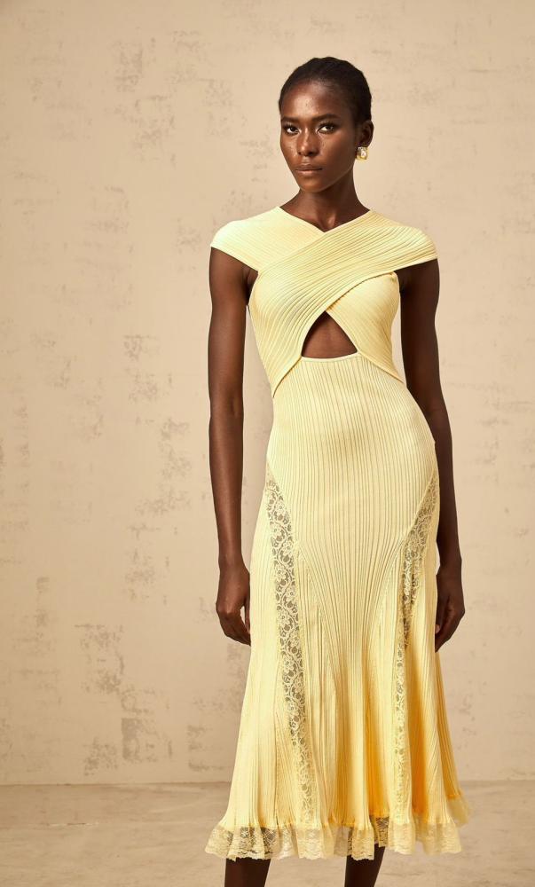 Self-portrait midi dress with cross-neck, yellow - E-SEVEN STORE