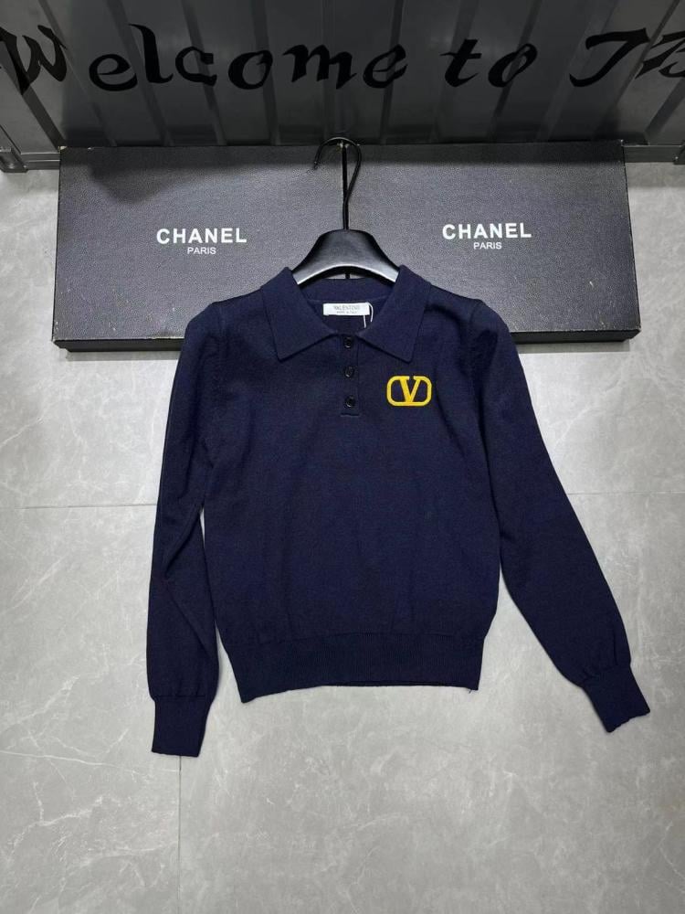 Valentino Women's Long Sleeve Collar Blouse with Black Buttons and Gold Logo