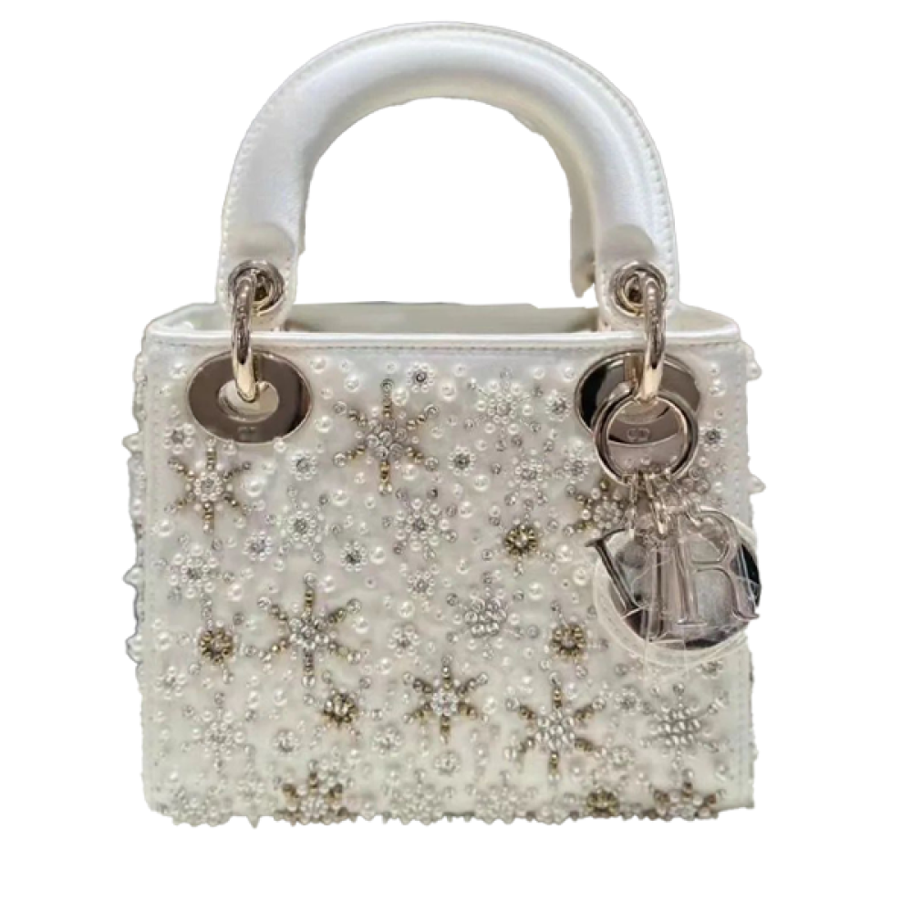 Small Lady Dior bag, white, with silver rhinestones and a chain