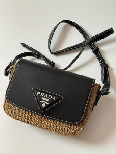 Prada Women's Medium Straw Bag 20cm with Black Flap - E-SEVEN STORE