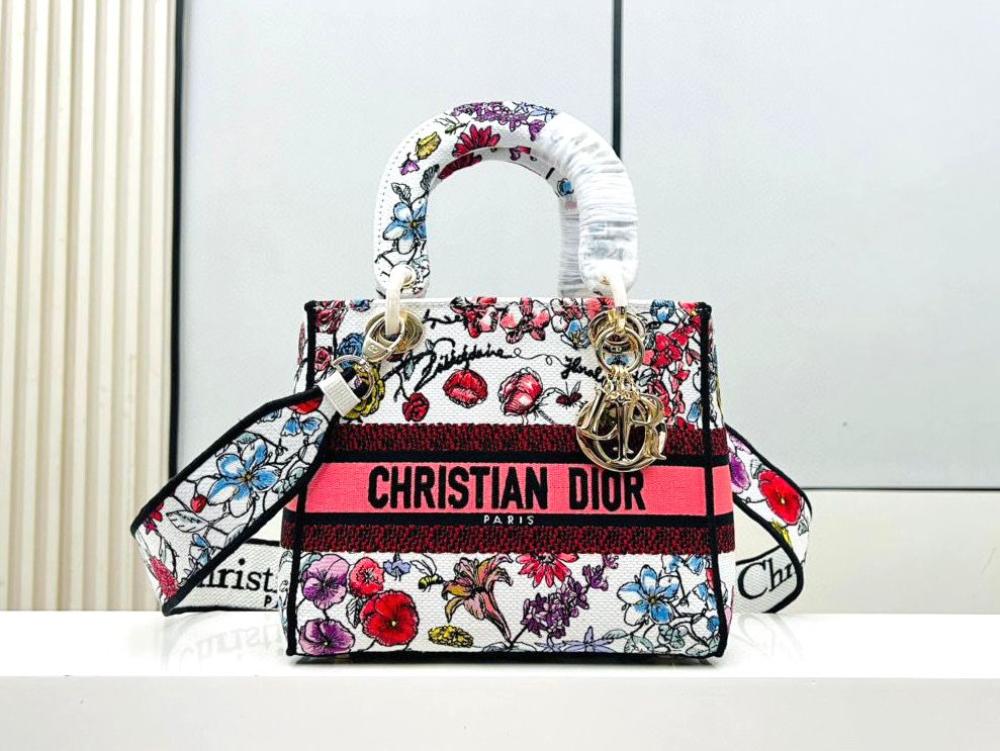 Dior Women's Lady D-lite Denim Bag, Red and Blue Floral Pattern