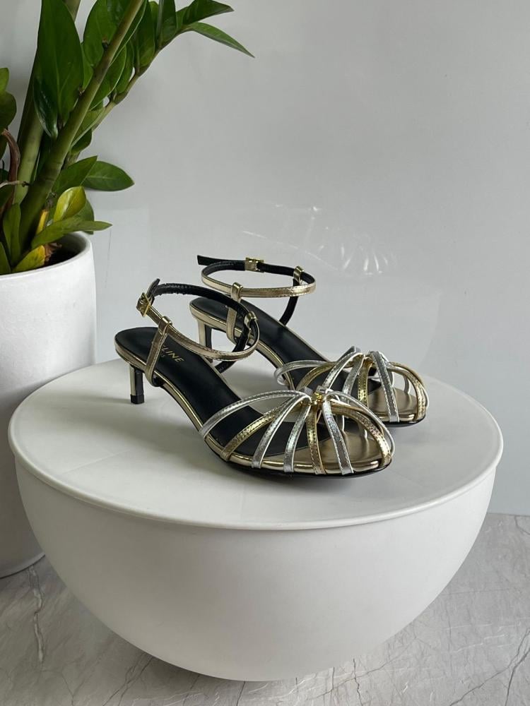 Celine Triumph Silver Gold Metallic Mid-Heel Sandal - E
