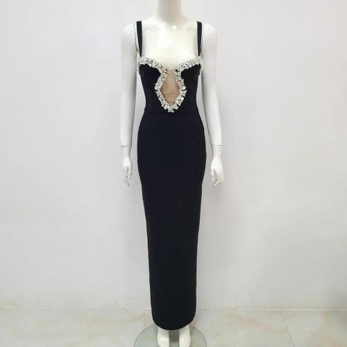 Long Balmain evening dress in black with silver rhinestones