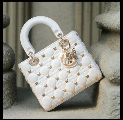 Lady Dior bag studded with butterflies, square pattern, white gold