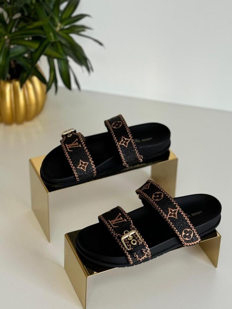 Louis Vuitton flat sandal without strap, black fabric, brown embroidery