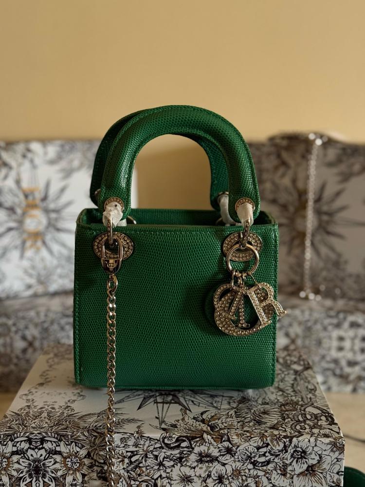 Lady Dior 17cm Leather Top Handle Bag in Green with Silver Metal