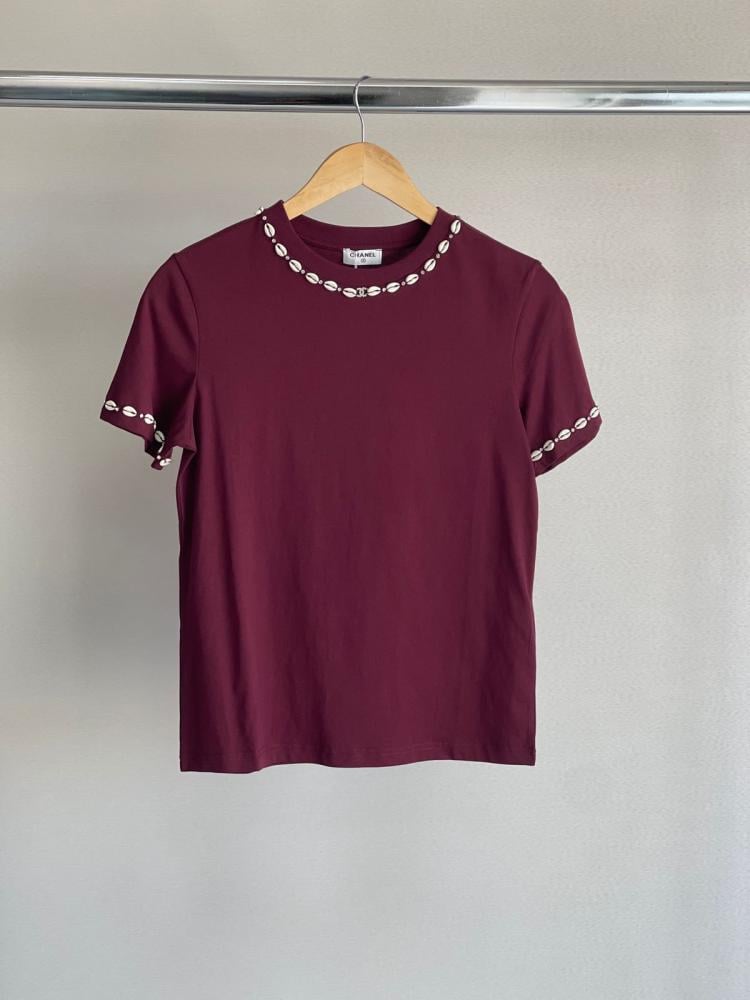Chanel Summer Blouse Embroidered with Shells, Round Neck, Burgundy