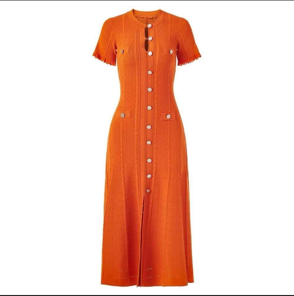 Sandro long dress with short sleeves, orange color, and front buttons