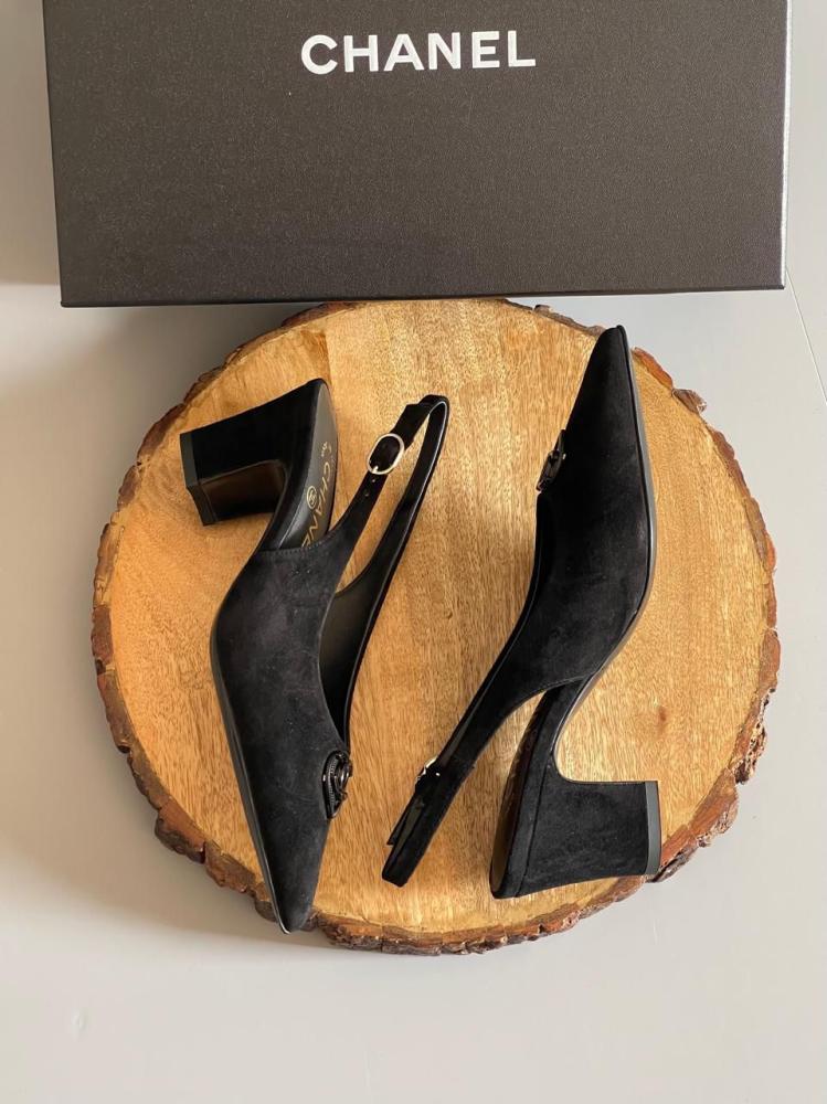 Chanel Suede Black Women's Back Strap Pumps - E-SEVEN STORE