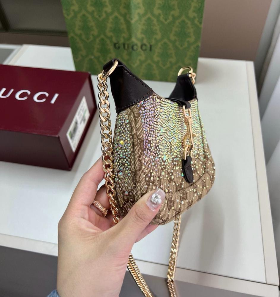 Gucci GG rhinestone embellished bag in beige brown with a