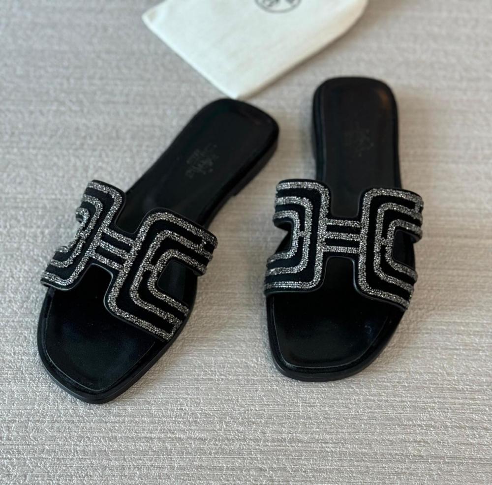 Hermes women's black flat shoes with crystals
