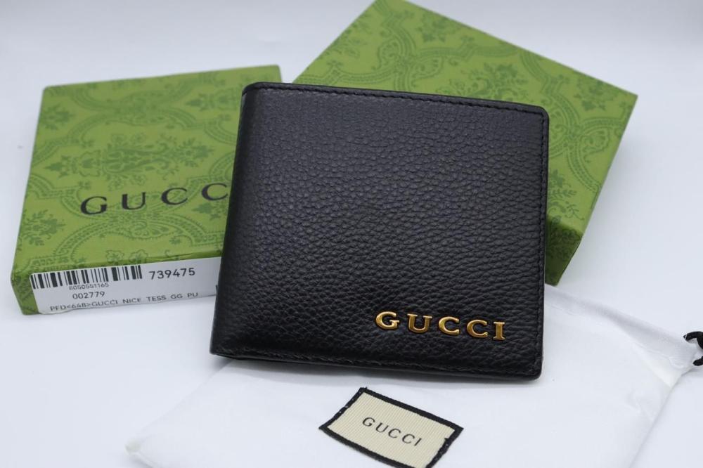 Gucci Men's Black Grain Leather Foldover Wallet with Gold