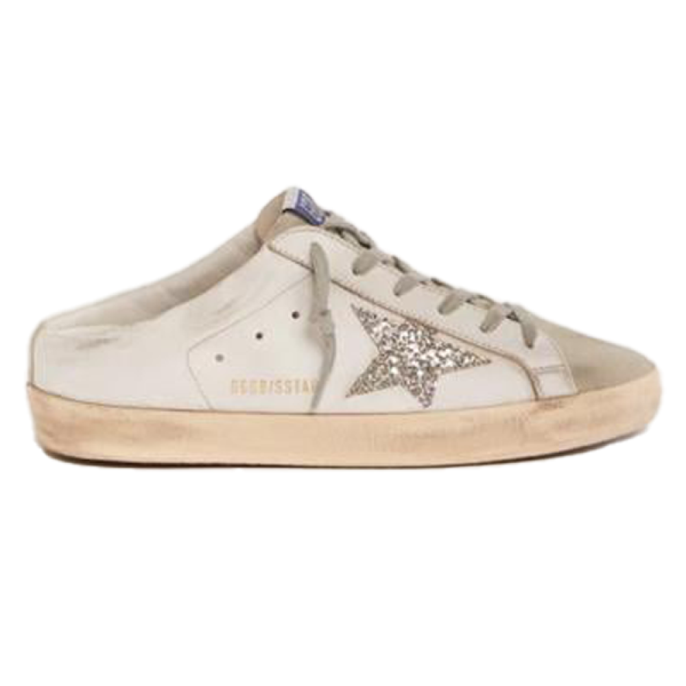 Golden Goose Superstar Unisex Slipper, White, Grey, and Silver Glitter