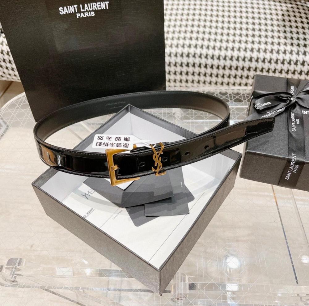 Yves Saint Laurent Men's Belt 3cm Black Shiny Gold Buckle