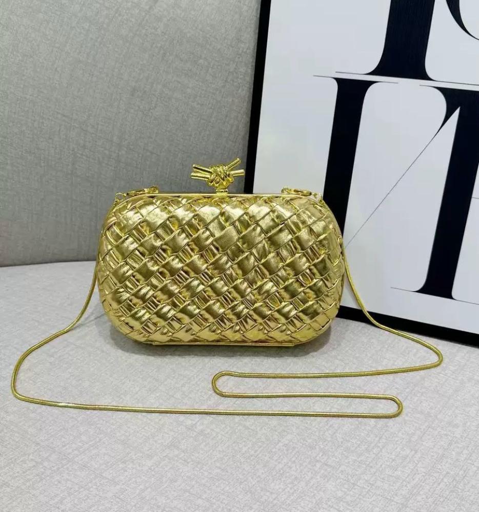 Bottega Gold Plated Braided Leather Clutch with Elegant Shoulder