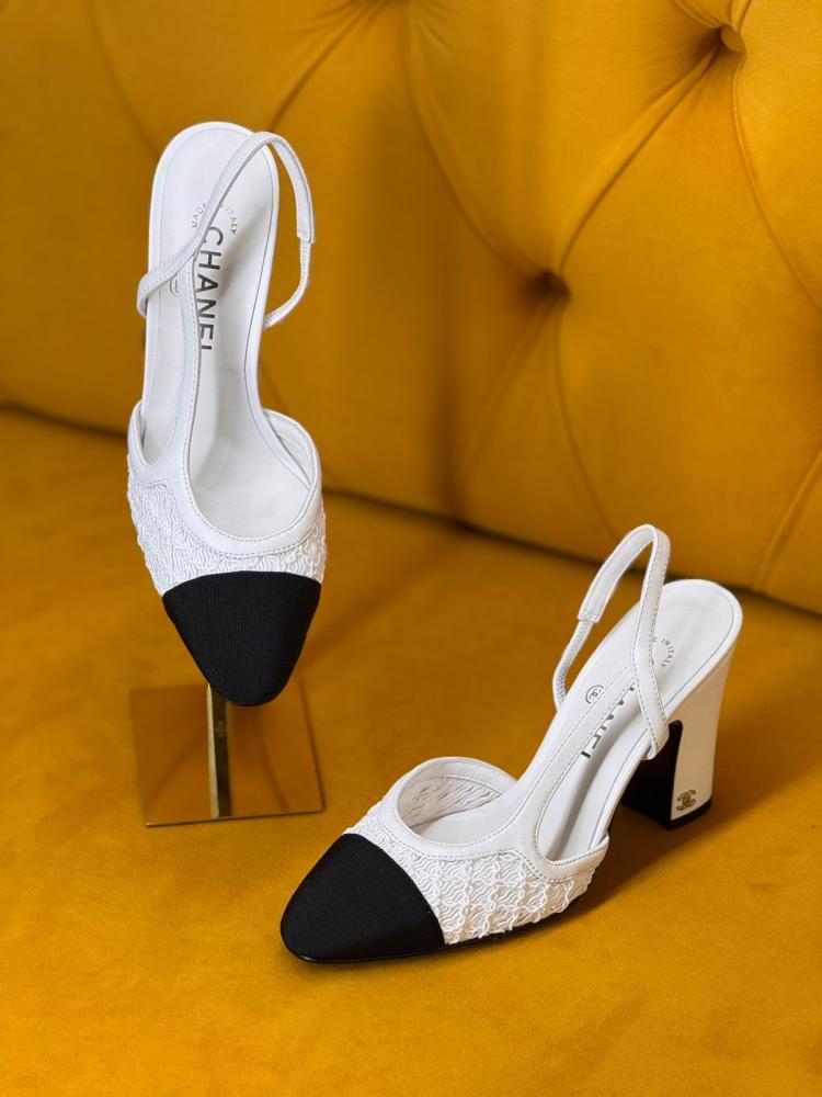 Chanel closed high heel sandal with white and black elastic strap