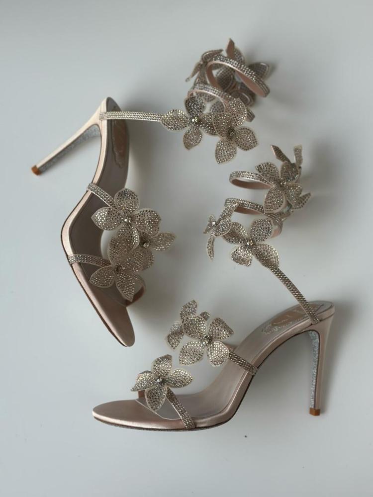 Rene Caovilla Floral Wrapped Leg Heels in Beige - E-SEVEN STORE