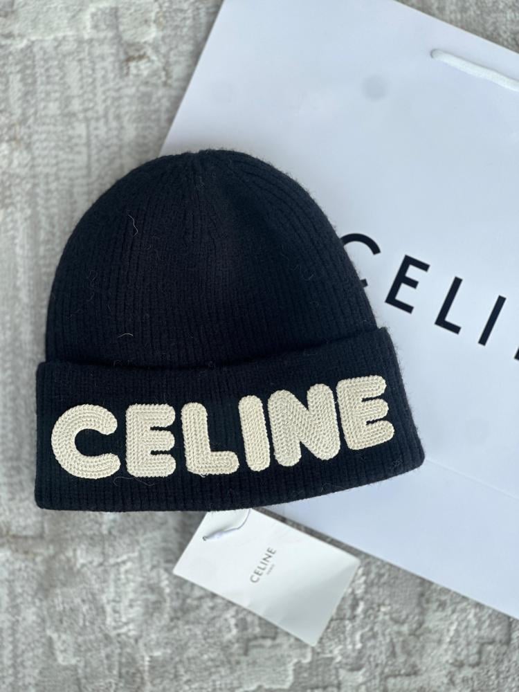 Celine black winter wool hat with white logo - E-SEVEN STORE