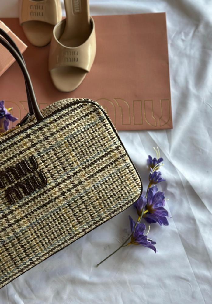 Miu Miu Checked 34CM Handbag with Top Handles and Zipper - E-SEVEN