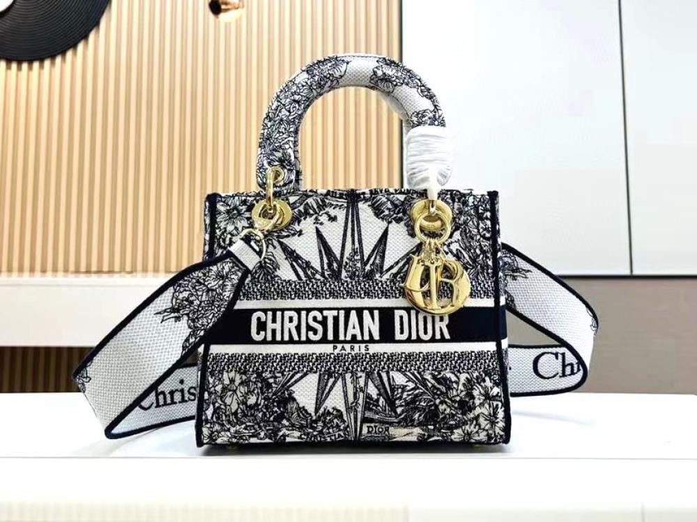 Dior lady D-lite denim bag, distinctive black print - E-SEVEN STORE