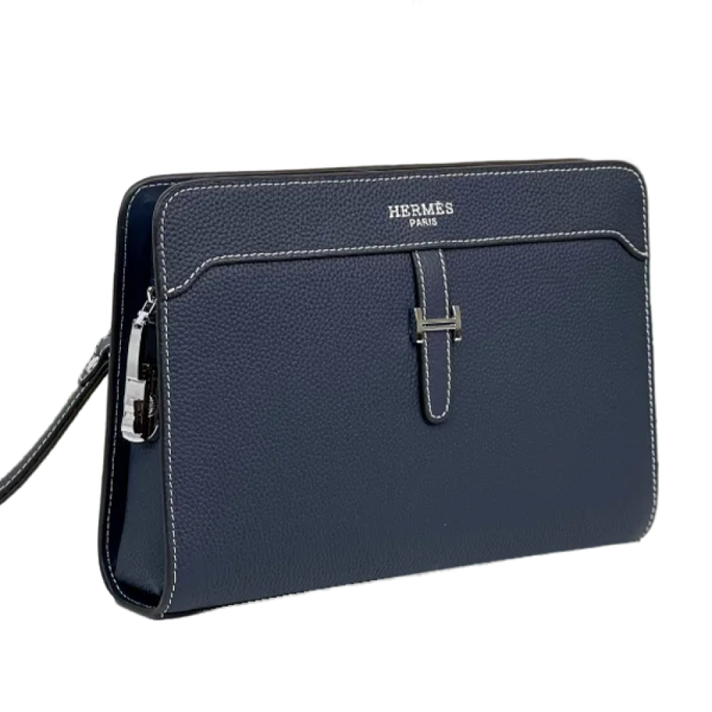 Hermes men's luxury pouch, full-grain leather, navy blue with