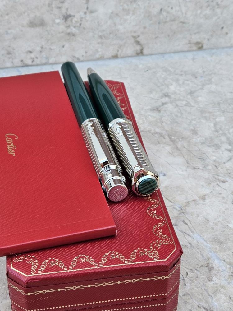 Cartier luxury office pens in silver and royal green