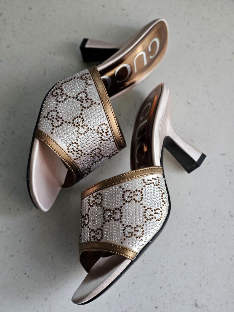 Gucci silver and gold strapless high heel sandal with rhinestones