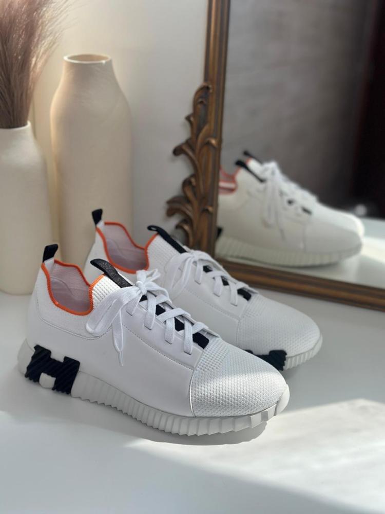 Hermes Bouncing Men's Mesh Sneakers White Black Logo - E