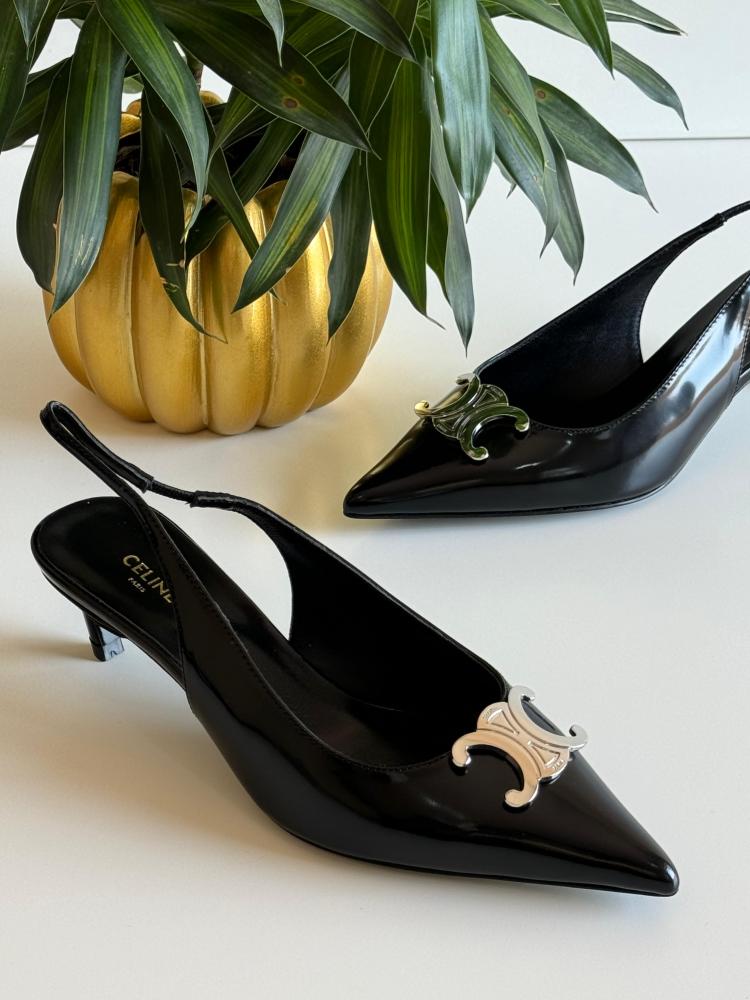 【VIP価格】CELINE Slingback Pumps Celine Women's Black Low Heel Slingback Pump with Silver