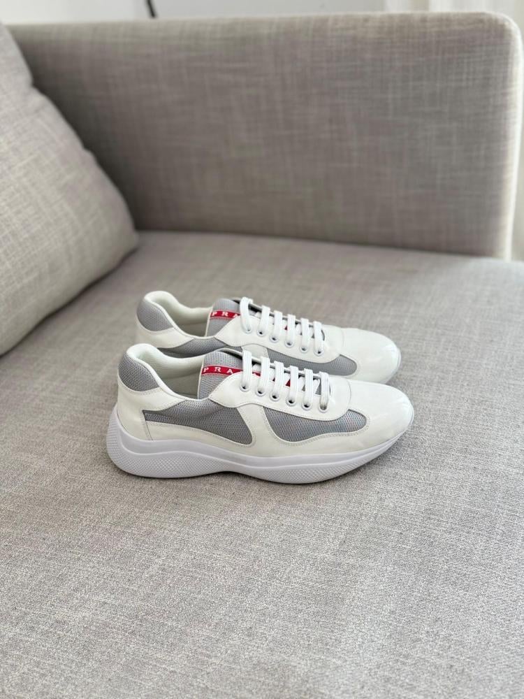 Prada America Cup Men's White and Grey Lace-Up Sneakers - E-SEVEN