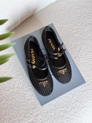 Prada Women's Flat Ballet Shoes with Straps, Black - E-SEVEN