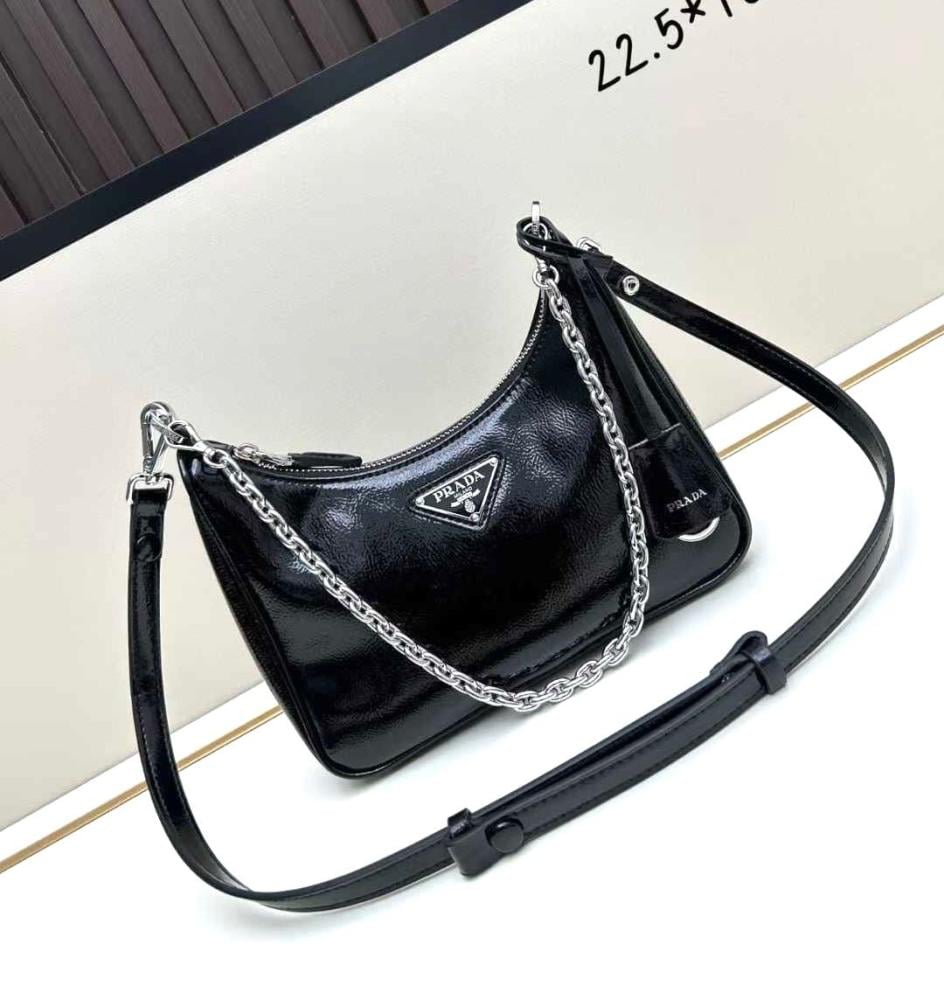 Prada Women's Black Leather Zipper Bag with Silver Metal - E-SEVEN