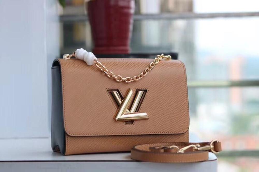 Louis Vuitton Twist Brown Leather Shoulder Bag with Chain and Gold Logo