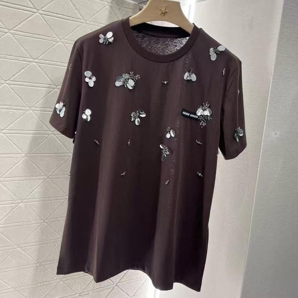 Miumiu Women's Embroidered Crew Neck T-Shirt in Brown