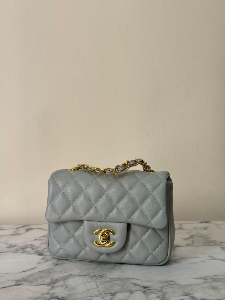 Chanel Classic 17cm Women's Bag with Flap and Chain in Grey and Gold